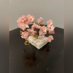 VTG Prosperity Tree Brass bells & light pink Fabric Flowers w/marble Base